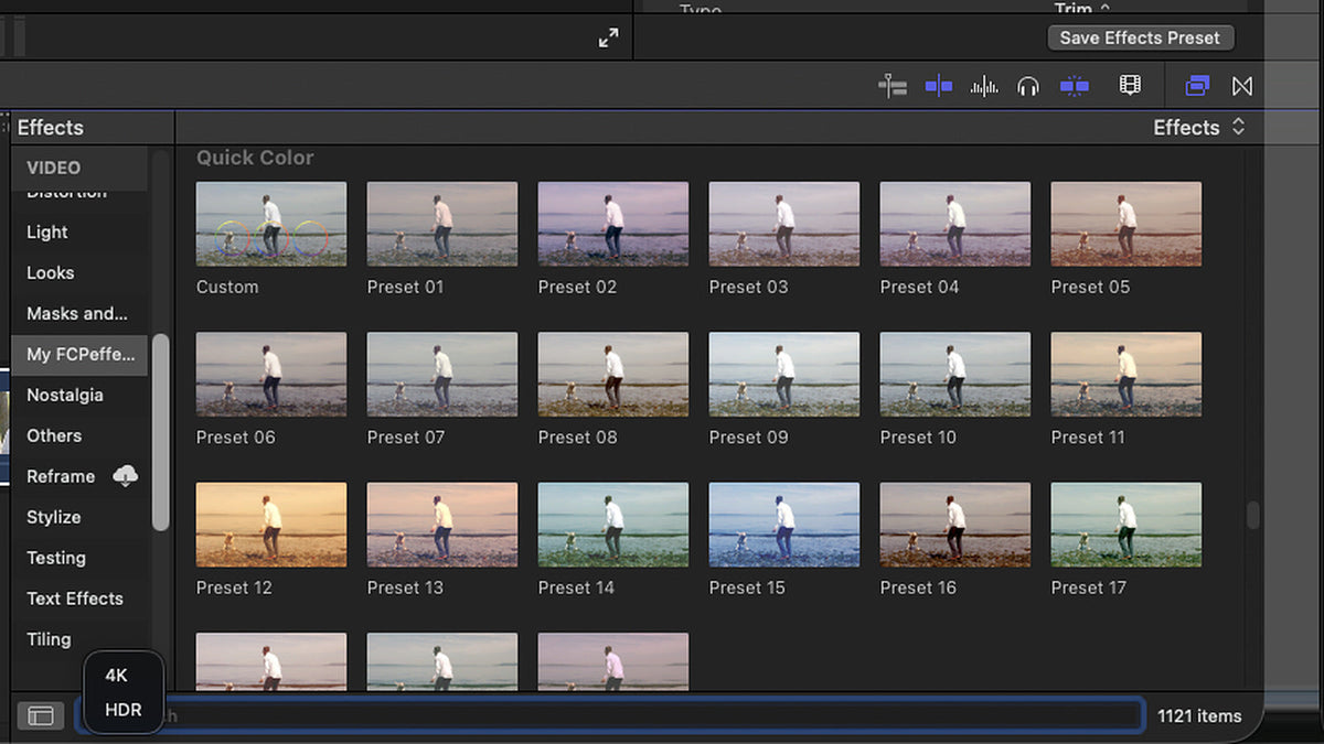 Final Cut Pro Effects Browser with the My FCPeffects category selected and the 4K and HDR filter menu next to the Search field