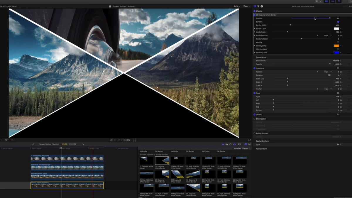 Final Cut Pro timeline, viewer and inspector with Screen Splitter 2 applied