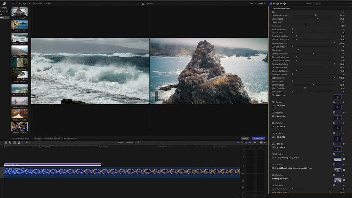 Final Cut Pro library browser and Zoomer drop zone clips in the inspector