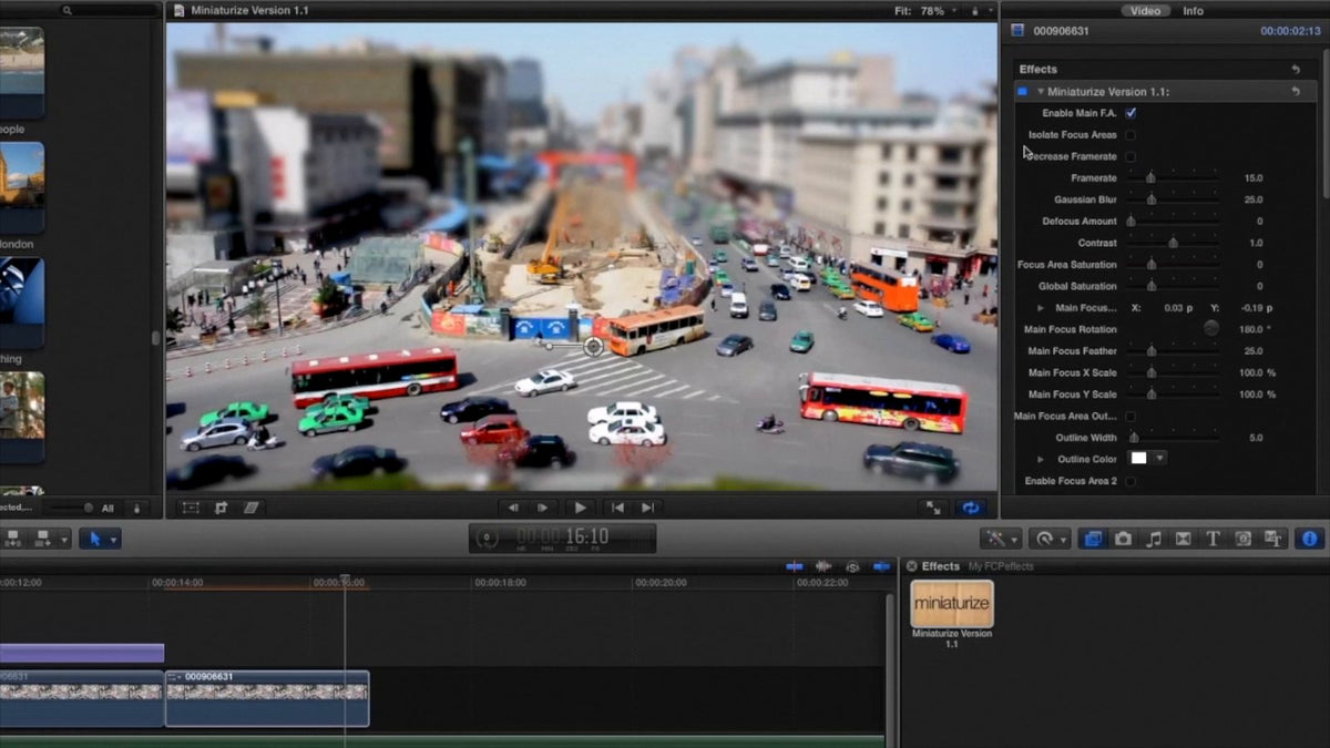 Effect settings applied to a city clip in Final Cut Pro