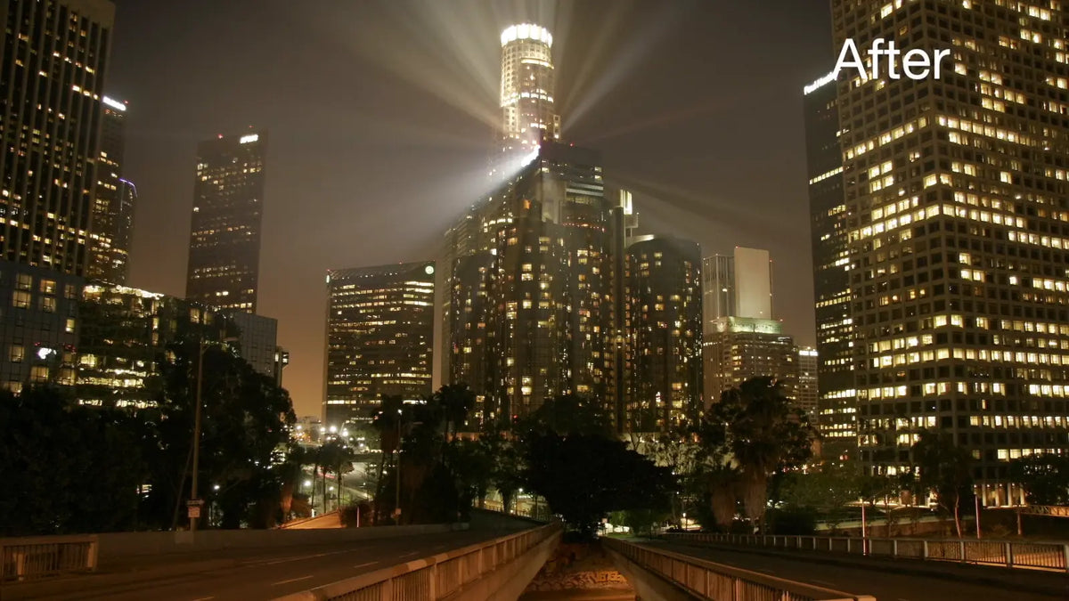 Before and after: rays over a city at night
