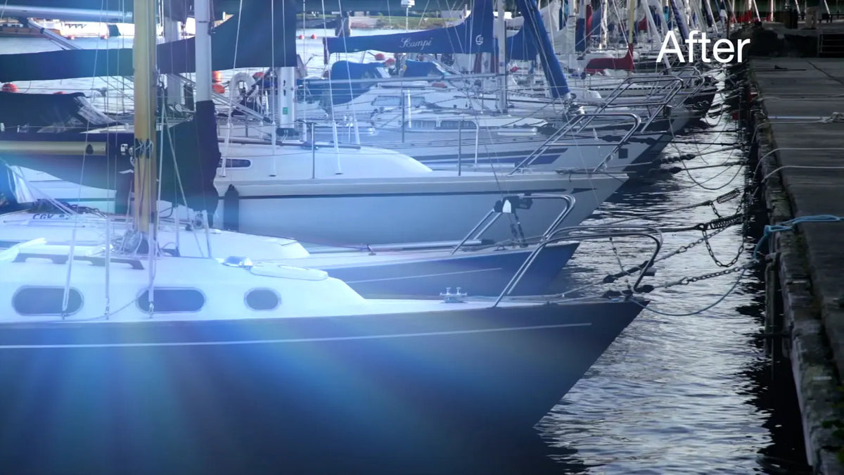 Before and after: sun rays on a harbor